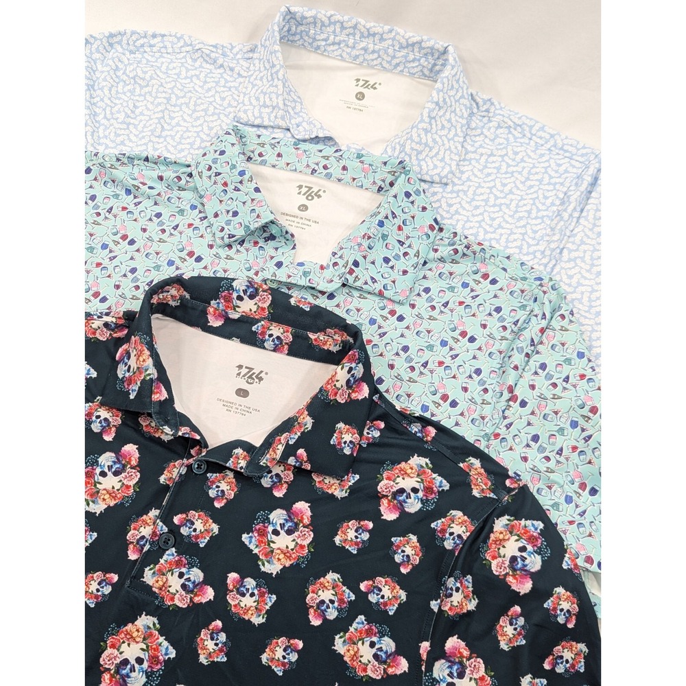 3) Three 1764 XL All Over Print Performance Golf Polos Motorcycle, Drinks, Skull